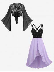 Rose Flower Lace Knotted Top and Cinched Laser Cut Crisscross Strappy Flounce Hem Dress Plus Size Outfit -  
