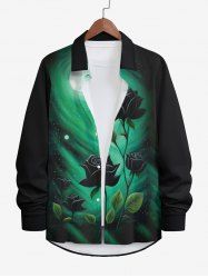 Plus Size Rose Flower Leaf Glitter Painting Galaxy Moon Print Halloween Button Shirt For Men -  