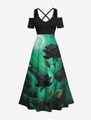 Maxi Robe Ligne A Croisée Rose Lune et Fleur Imprimés de Grande Taille à Paillettes - Noir 2X