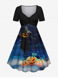 Plus Size Halloween Costume Pumpkin Scarecrow Star Tree Print Cinched Dress -  