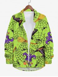 Plus Size Halloween Costume Spider Web Hat Boots Broom Print Buttons Long Sleeve Shirt For Men -  