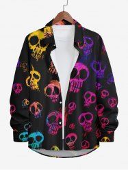 Plus Size Halloween Costume Colorful Skulls Print Buttons Long Sleeve Shirt For Men -  