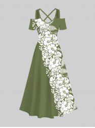 Plus Size Tropical Leaf Hibiscus Flowers Print Cold Shoulder Crisscross Hawaii Maxi Dress -  