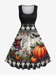 Robe D'Halloween Vintage Citrouille Chauve-souris Imprimés Grande Taille - Noir 4X