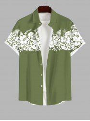 Plus Size Tropical Leaf Hibiscus Flowers Print Buttons Pocket Hawaii Shirt For Men -  