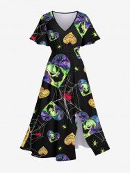 Robe D'Halloween Mi-Longue Fendue Cœur et Fantôme Imprimés de Grande Taille - Noir 1X