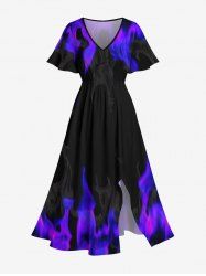 Robe Mi-Longue Ligne A Flamme et Feu Imprimé avec Poche de Grande Taille - Noir 1X