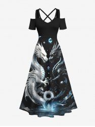 Maxi Robe Ligne A D'Halloween Dragon Galaxie Planète Imprimés de Grande Taille - Noir 5X