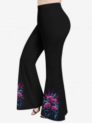 Plus Size Colorful Rose Flower Leaf Ribbon Print Halloween Flare Pants -  