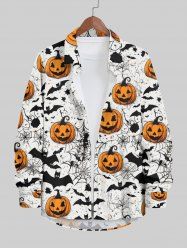 Plus Size Pumpkin Bat Spider Web Print Halloween Button Shirt For Men -  