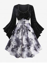 Robe Ligne A Ombré Motif de Papillon en Velours à Manches Evasées Grande Taille - Noir 1X | US 14-16