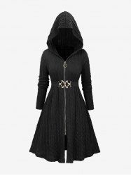 Plus Size Full Zipper Cable Knit Textured Solid Hooded Long Sleeve Sweater Coat with Scalloped Sector Belt -  