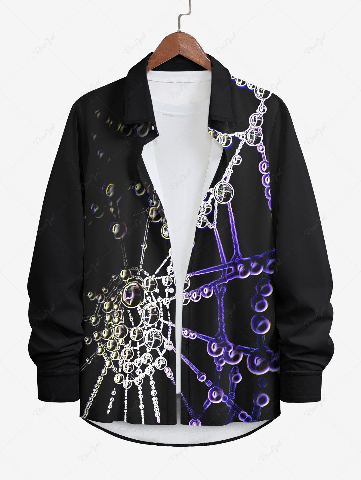 Hot Plus Size Chain Bead Spider Web Print Halloween Button Shirt For Men  