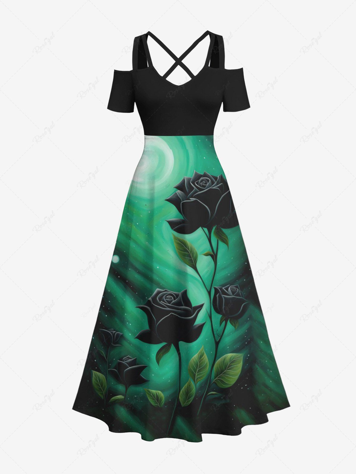 Maxi Robe Ligne A Croisée Rose Lune et Fleur Imprimés de Grande Taille à Paillettes Noir 2X