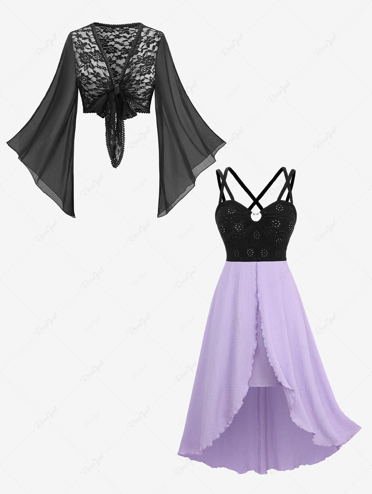 Trendy Rose Flower Lace Knotted Top and Cinched Laser Cut Crisscross Strappy Flounce Hem Dress Plus Size Outfit  