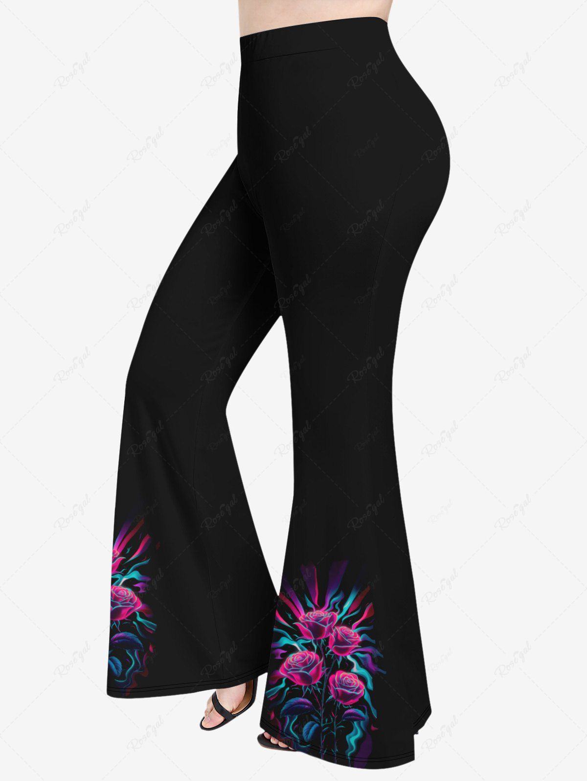Latest Plus Size Colorful Rose Flower Leaf Ribbon Print Halloween Flare Pants  