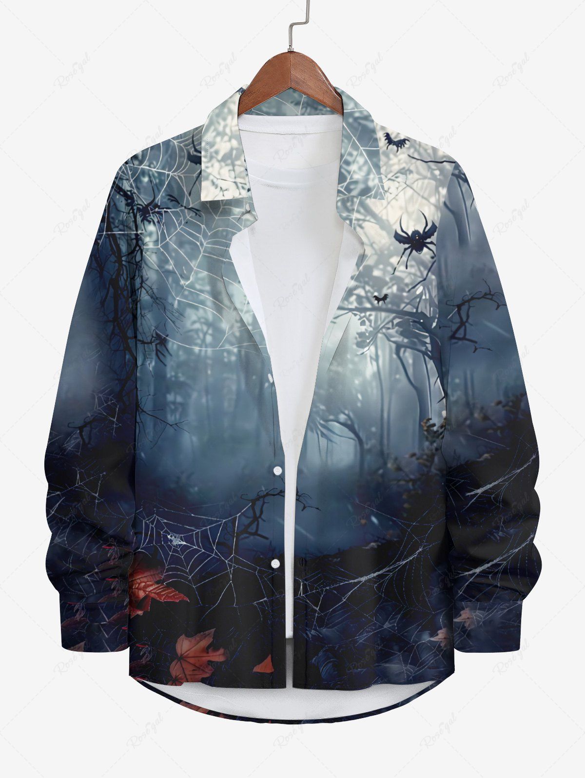 Outfits Plus Size Spider Web Maple Leaf Ombre Forest Print Halloween Button Shirt For Men  