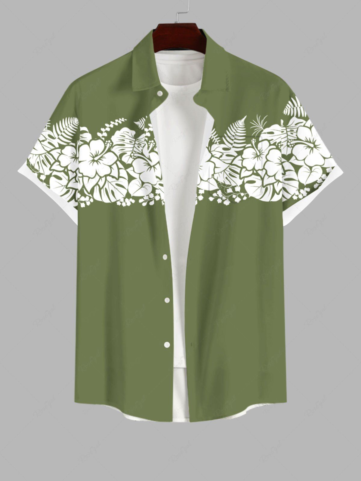 Trendy Plus Size Tropical Leaf Hibiscus Flowers Print Buttons Pocket Hawaii Shirt For Men  