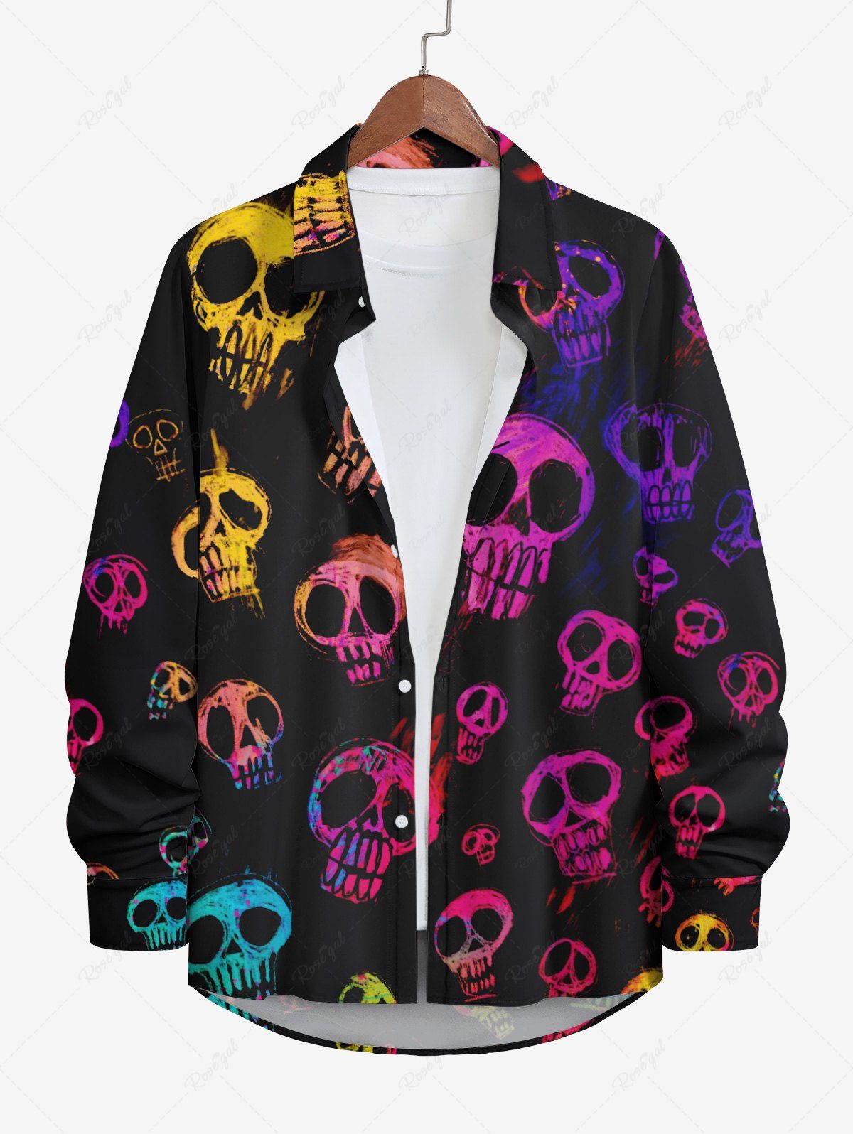 Hot Plus Size Halloween Costume Colorful Skulls Print Buttons Long Sleeve Shirt For Men  
