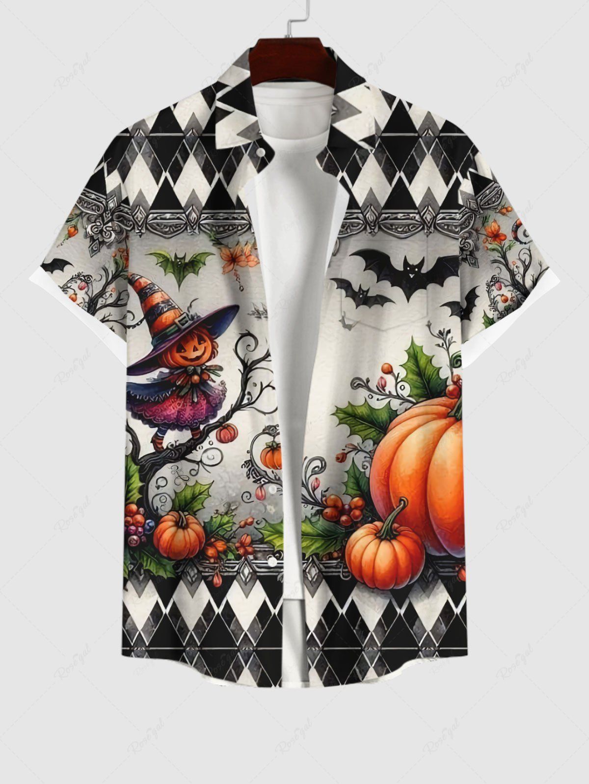 Shops Plus Size Halloween Costume Pumpkin Bat Pixie Fruits Print Buttons Pocket Shirt For Men  