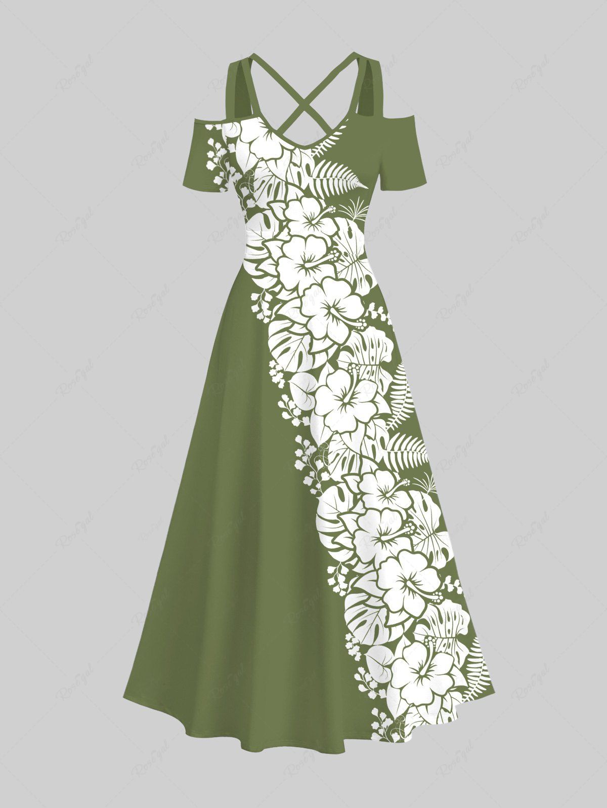 Unique Plus Size Tropical Leaf Hibiscus Flowers Print Cold Shoulder Crisscross Hawaii Maxi Dress  