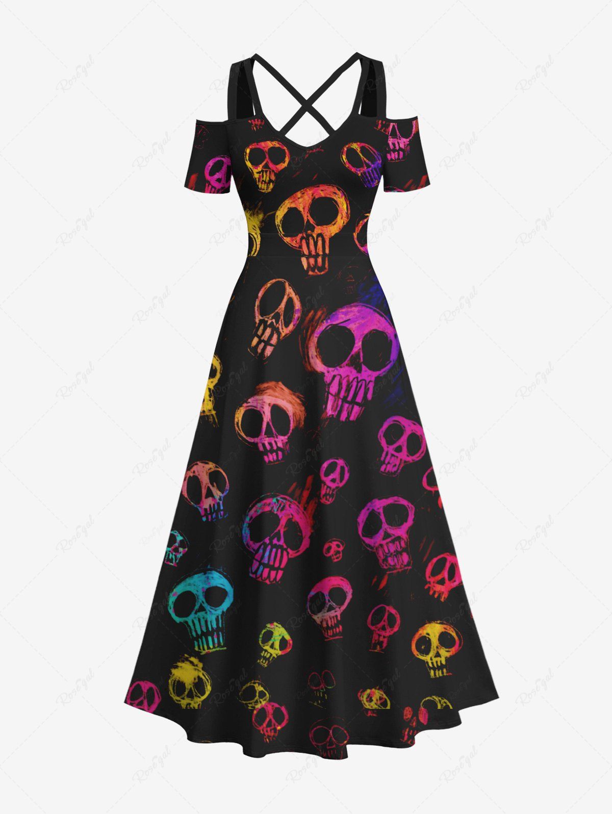 Maxi Robe D'Halloween Costume Colorée Crâne Imprimée à Epaule Dénudée de Grande Taille Noir 6X