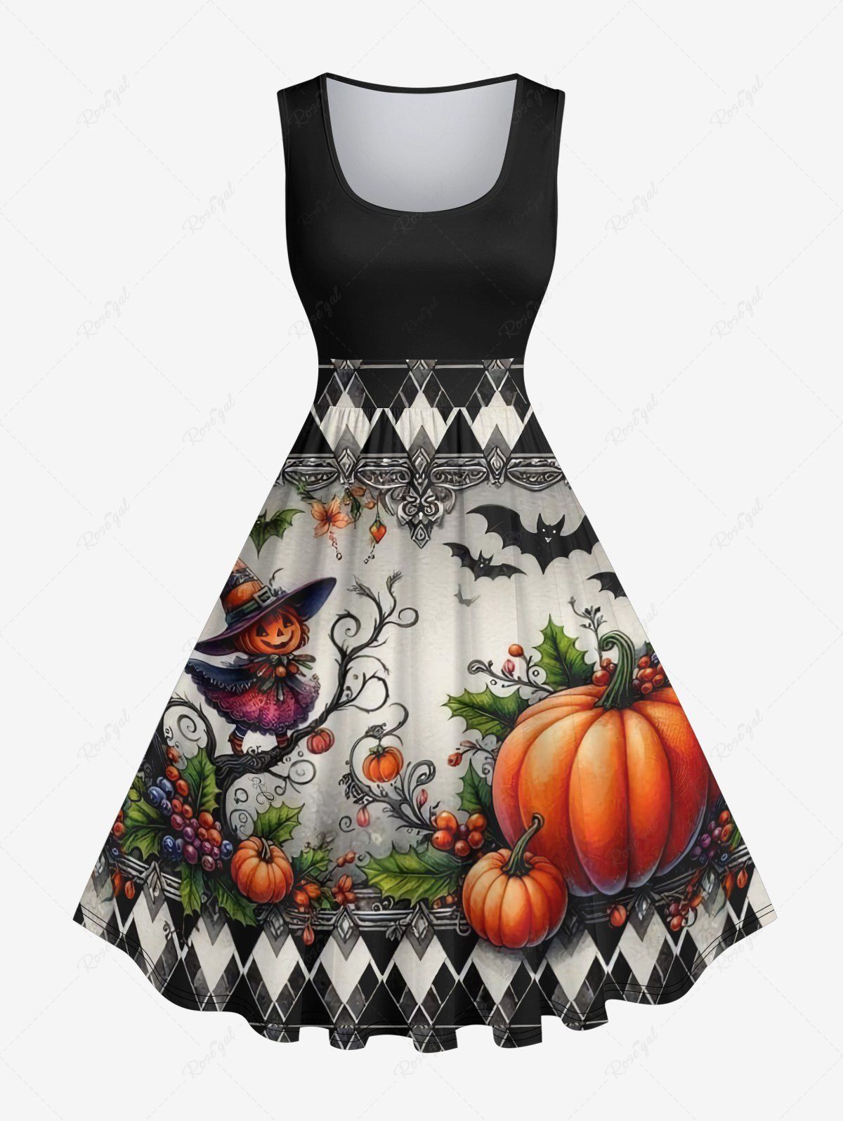 Robe D'Halloween Vintage Citrouille Chauve-souris Imprimés Grande Taille Noir 4X