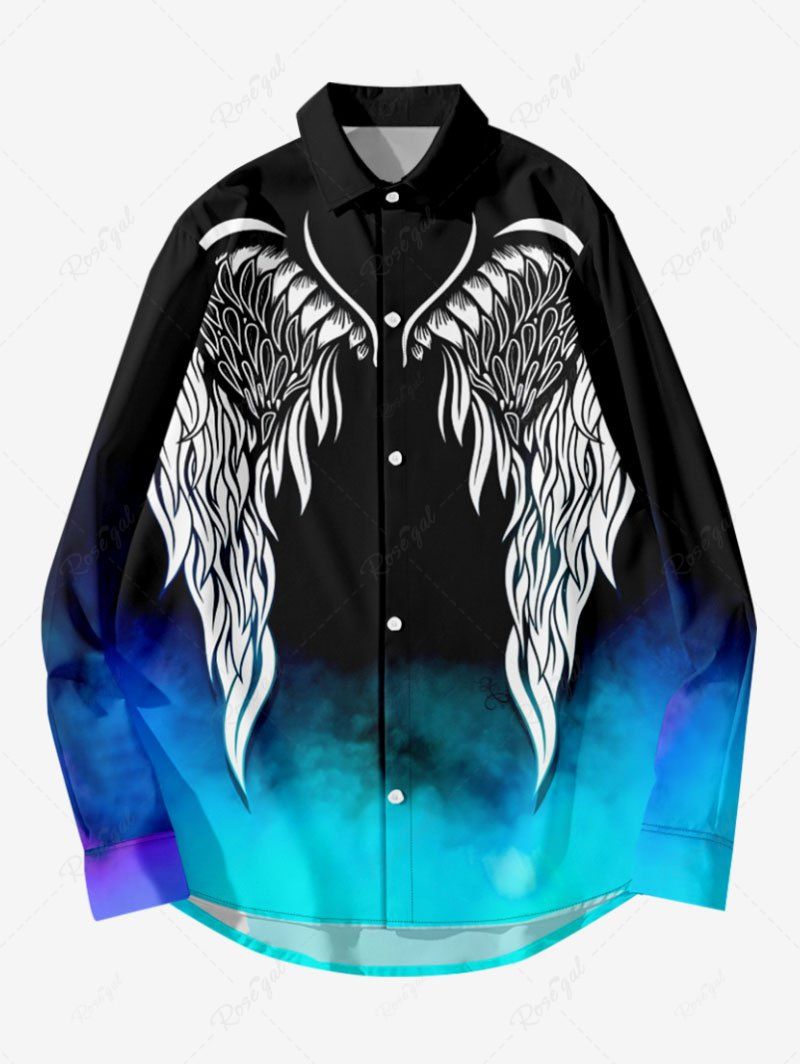 Sale Plus Size Feather Wing Ombre Cloud Print Halloween Button Shirt For Men  