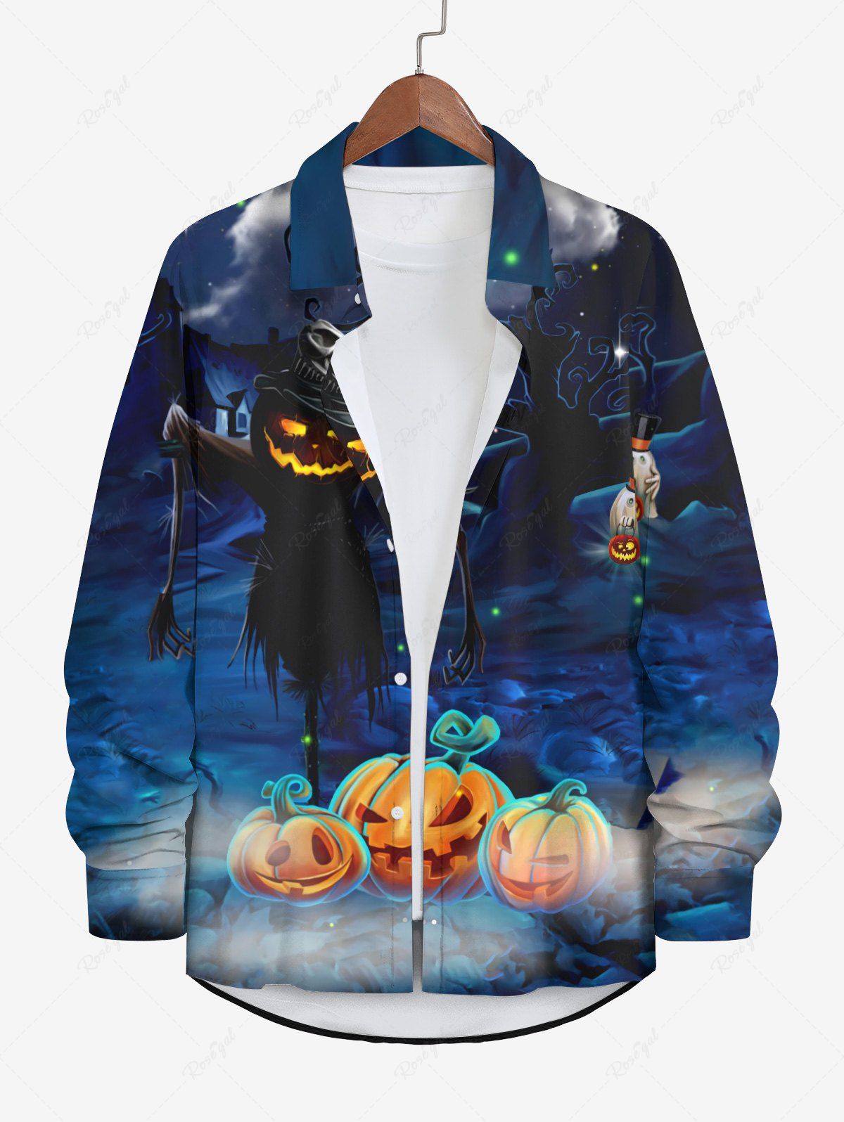 Sale Plus Size Halloween Costume Pumpkin Ghost Scarecrow Star Tree Print Buttons Long Sleeve Shirt For Men  