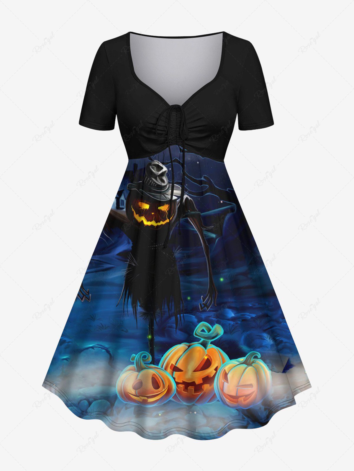 Fashion Plus Size Halloween Costume Pumpkin Scarecrow Star Tree Print Cinched Dress  