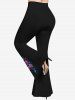Plus Size Colorful Rose Flower Leaf Ribbon Print Halloween Flare Pants -  