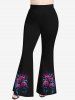 Plus Size Colorful Rose Flower Leaf Ribbon Print Halloween Flare Pants -  