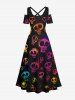 Maxi Robe D'Halloween Costume Colorée Crâne Imprimée à Epaule Dénudée de Grande Taille - Noir 6X