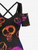 Maxi Robe D'Halloween Costume Colorée Crâne Imprimée à Epaule Dénudée de Grande Taille - Noir 6X