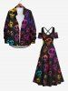 Maxi Robe D'Halloween Costume Colorée Crâne Imprimée à Epaule Dénudée de Grande Taille - Noir 6X