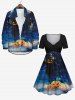 Plus Size Halloween Costume Pumpkin Scarecrow Star Tree Print Cinched Dress -  
