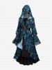 Plus Size Paisley Flowers Flocking Mesh Buckle Lace Trim Ruched Ruffles Hooded Dress -  