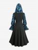 Plus Size Paisley Flowers Flocking Mesh Buckle Lace Trim Ruched Ruffles Hooded Dress -  