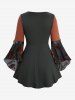 Plus Size Floral Jacquard Grommets Lace-up Lace Trim Flare Sleeves Asymmetrical Top -  