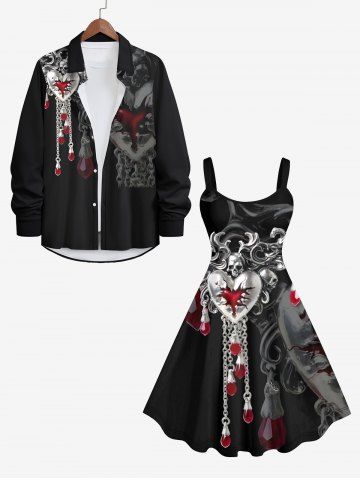 Halloween Costume Metallic Skull Cracked Heart Chain Tassel Print Plus Size Matching Set For Couples