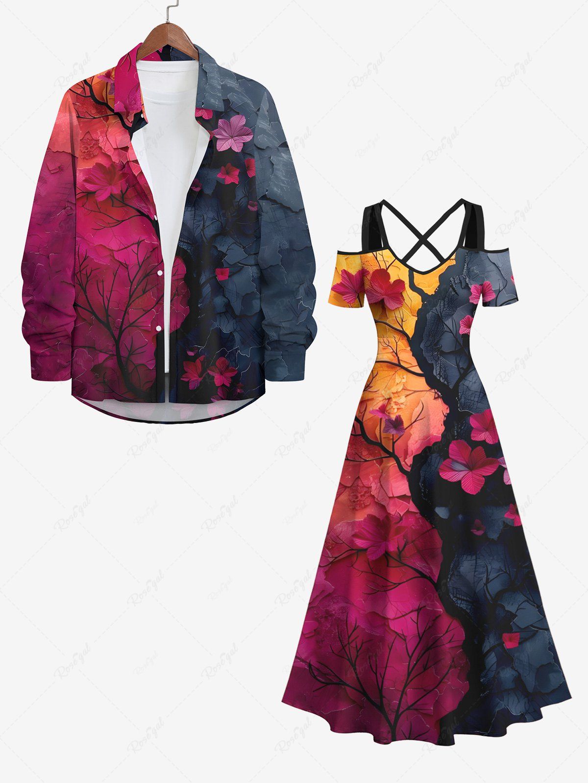 Cheap Halloween Costume Tree Branch Watercolor Floral Ombre Colorblock Print Plus Size Matching Set For Couples  
