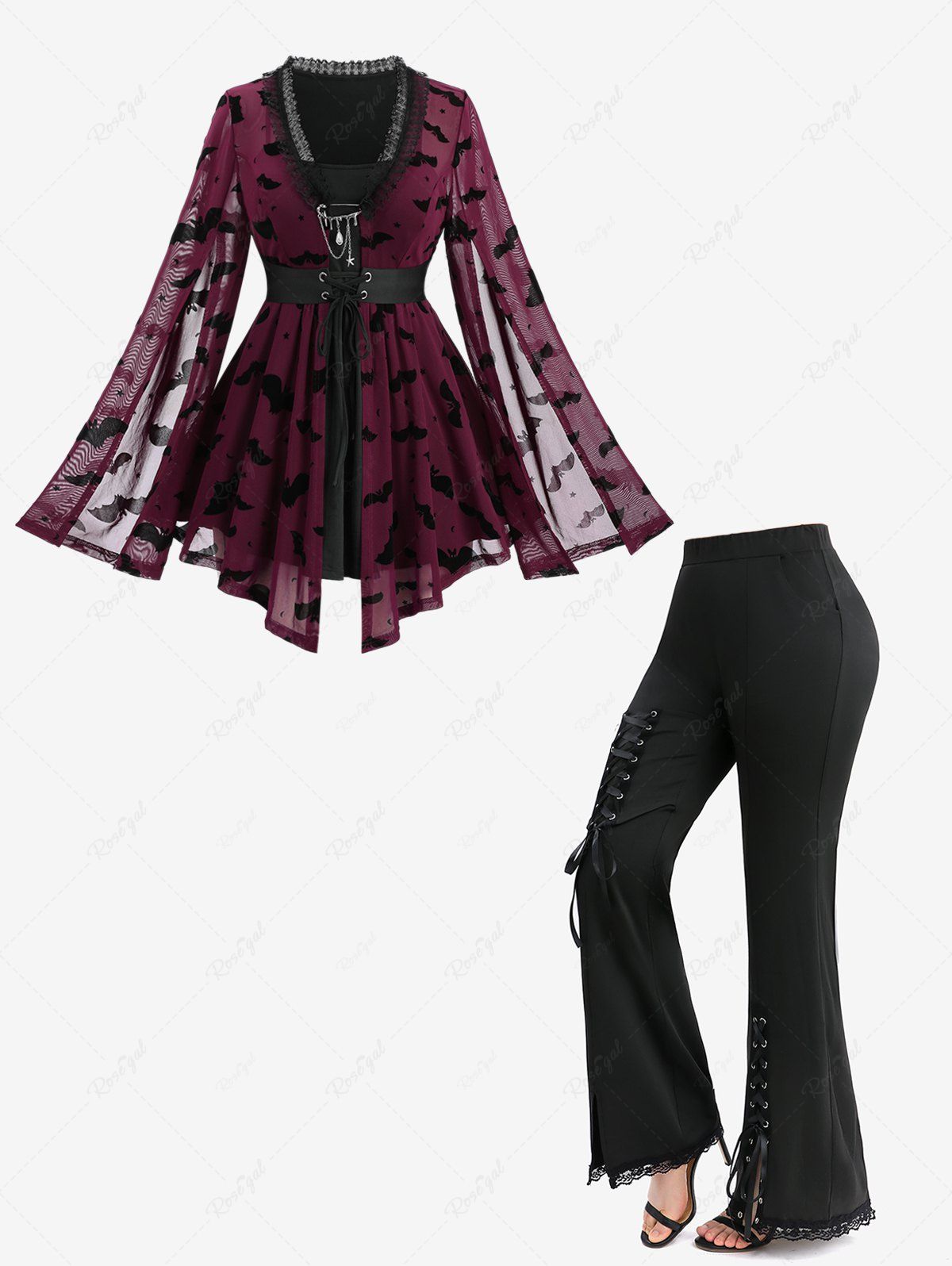 Outfits Bat Star Mesh Flocking 2 in 1 Belted Top with Removeable Pin and Lace-up Split Pocket Flare Pants Plus Size Outfit  