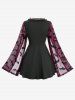 Bat Star Mesh Flocking 2 in 1 Belted Top with Removeable Pin and Lace-up Split Pocket Flare Pants Plus Size Outfit -  