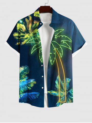 Plus Size Glitter Neon Coconut Tree Print Hawaii Button Pocket Shirt For Men - MULTI-A - M