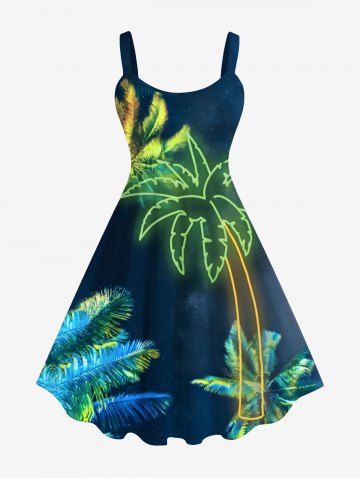 Plus Size Glitter Neon Coconut Tree Print Hawaii A Line Tank Dress - MULTI-A - 1X