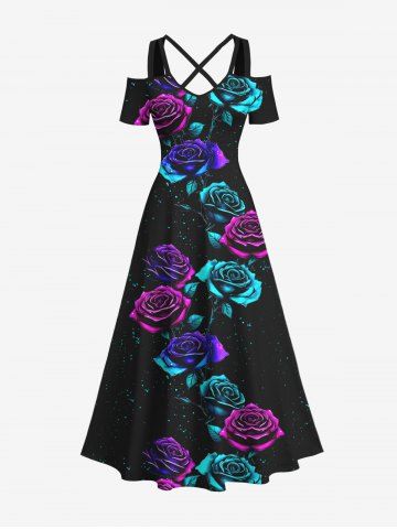 Plus Size Ombre Rose Flower Galaxy Print Crisscross Halloween Costume A Line Maxi Dress - BLACK - 1X