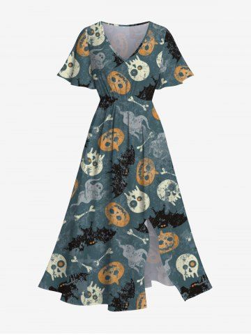 Plus Size Halloween Costume Skulls Ghost Bat Pumpkin Print Split Midi Dress - BLACK - 5X