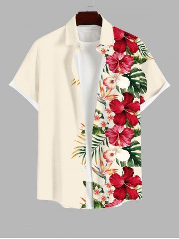 Plus Size Tropical Leaf Hibiscus Flower Print Buttons Pocket Hawaii Shirt For Men - LIGHT COFFEE - L