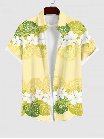 Plus Size Tropical Leaf Hibiscus Flower Print Buttons Pocket Hawaii Shirt For Men - YELLOW - S