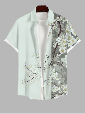 Plus Size Peach Blossom Flower Branch Colorblock Print Buttons Pocket Hawaii Shirt For Men - LIGHT GREEN - 4XL